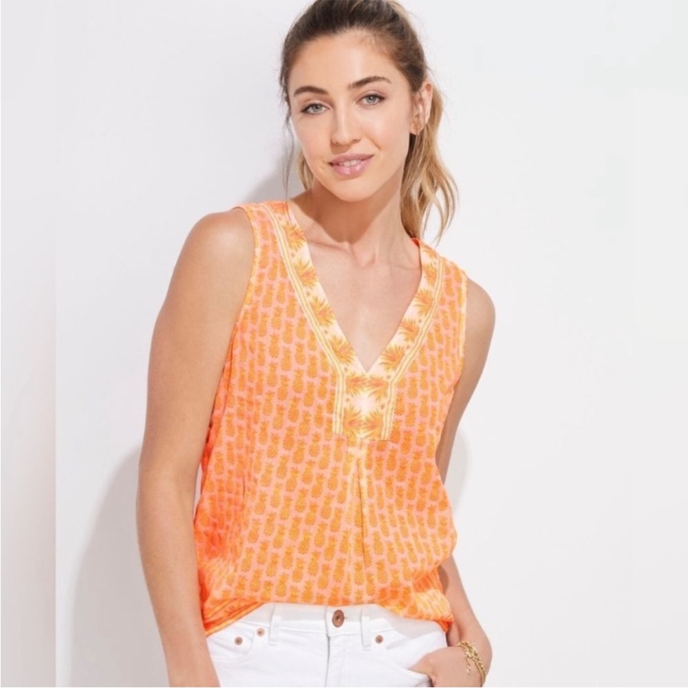 Vineyard Vines Pineapple Border Print Woven Tank Top Size Small Safety Yellow